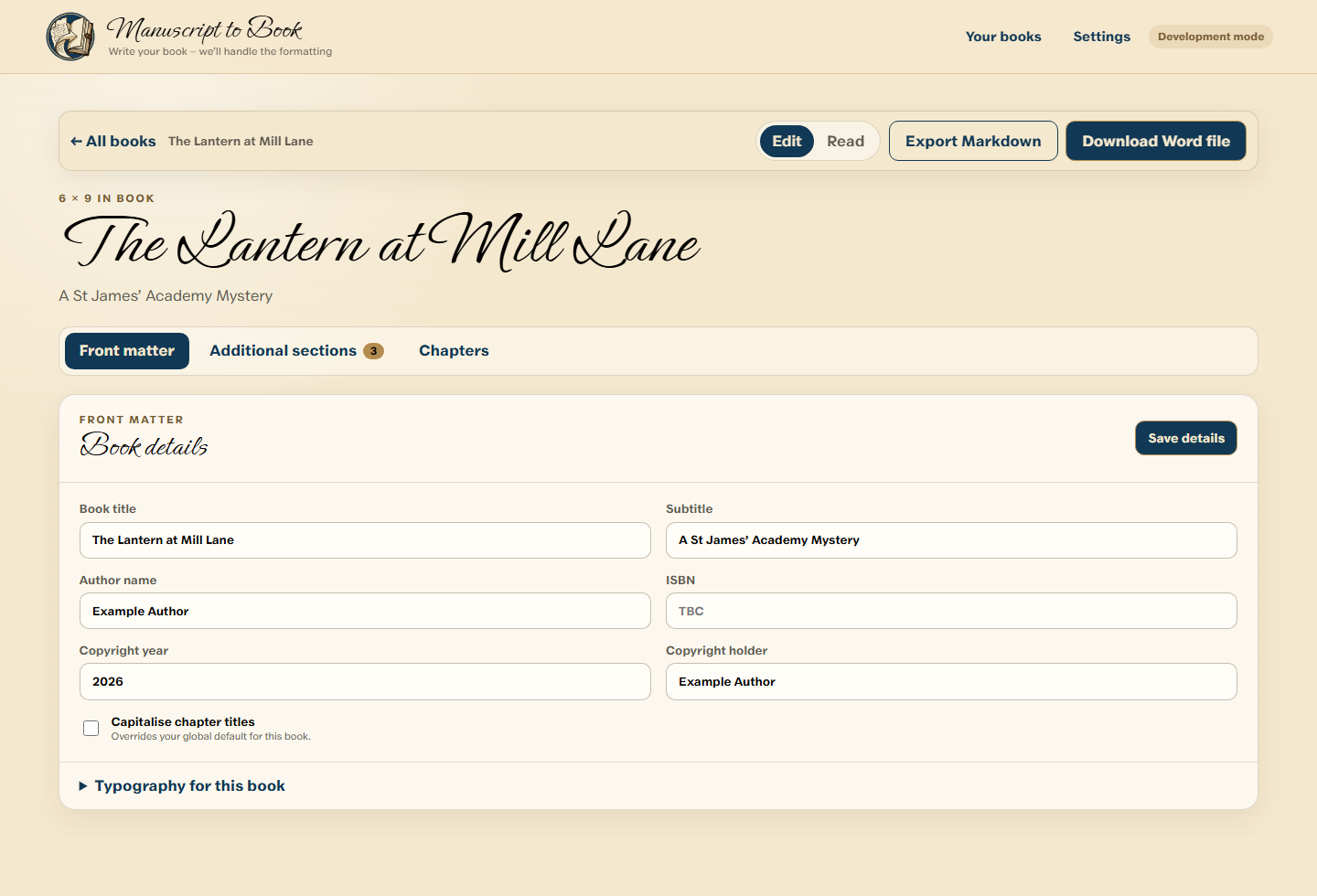 Book details screen with title, subtitle, author and publishing information fields.