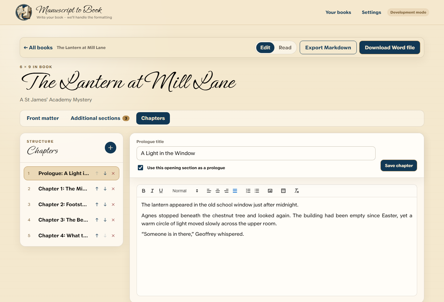 Chapter editor showing an ordered chapter list and rich-text content for the selected chapter.
