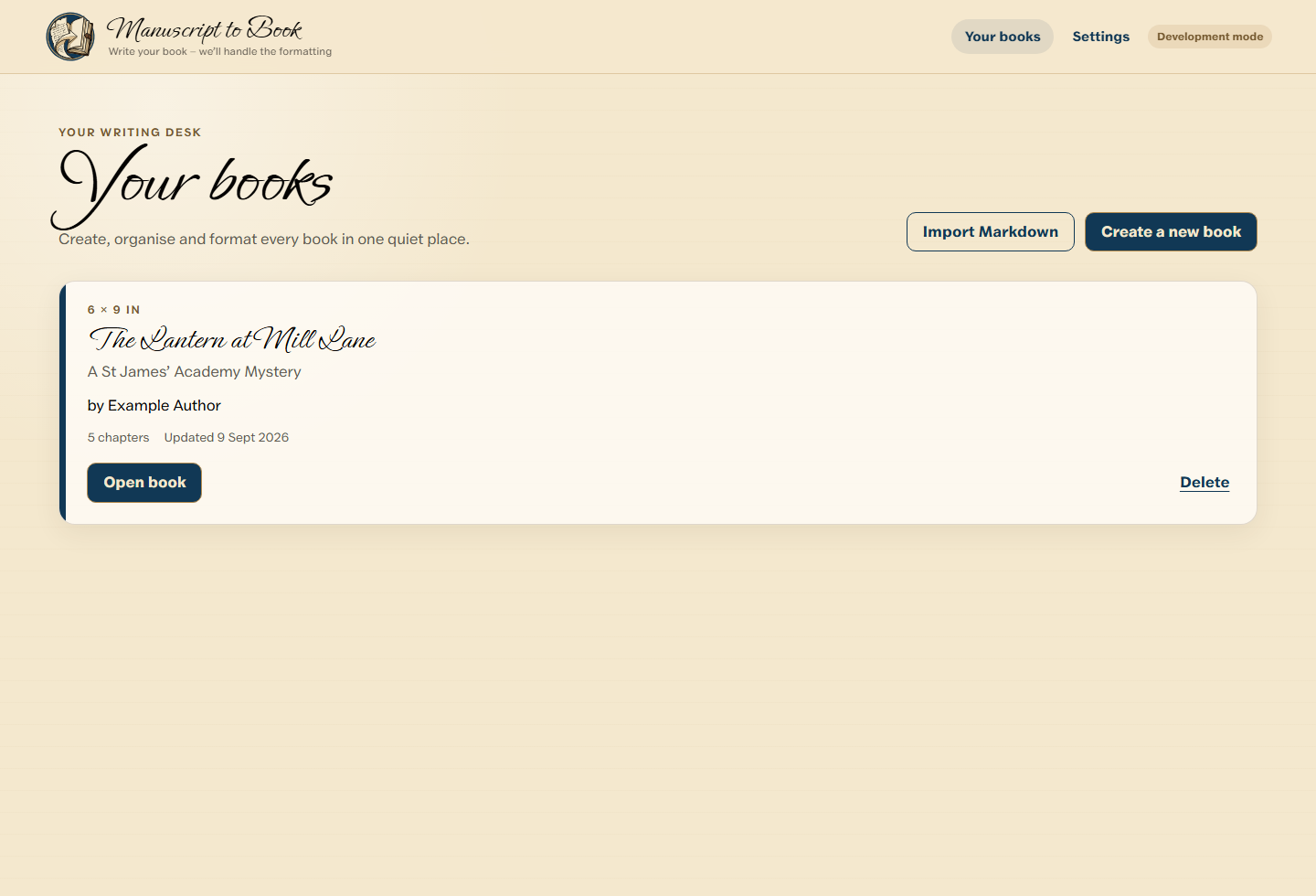 Manuscript to Book dashboard listing a locally saved example book and the option to create a new book.