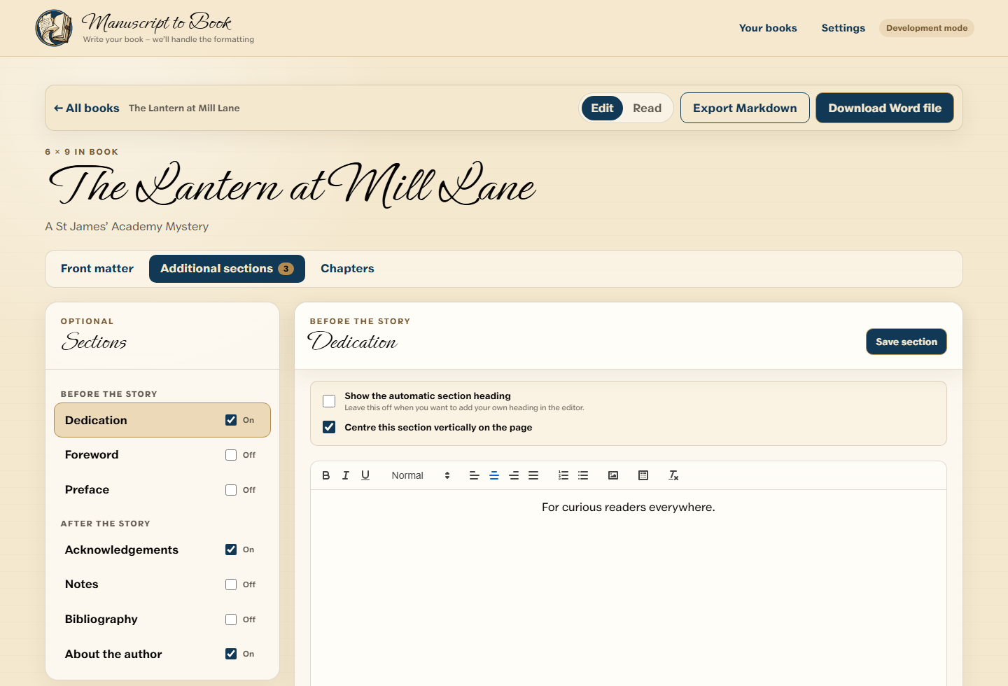 Optional sections screen for enabling and editing dedication, acknowledgements and other book matter.